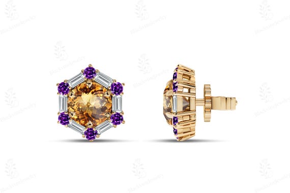 Unique Halo Design Citrine Studs For Women Art Deco Citrine Statement Earring 925 Silver Citrine Minimalist Earrings Dainty Earrings For Her