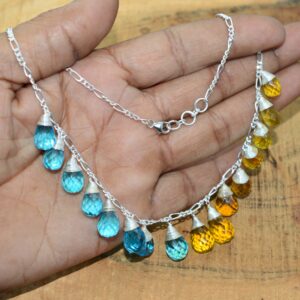 Citrine & Blue Quartz Sterling Silver Beaded Necklace, 16 Inch