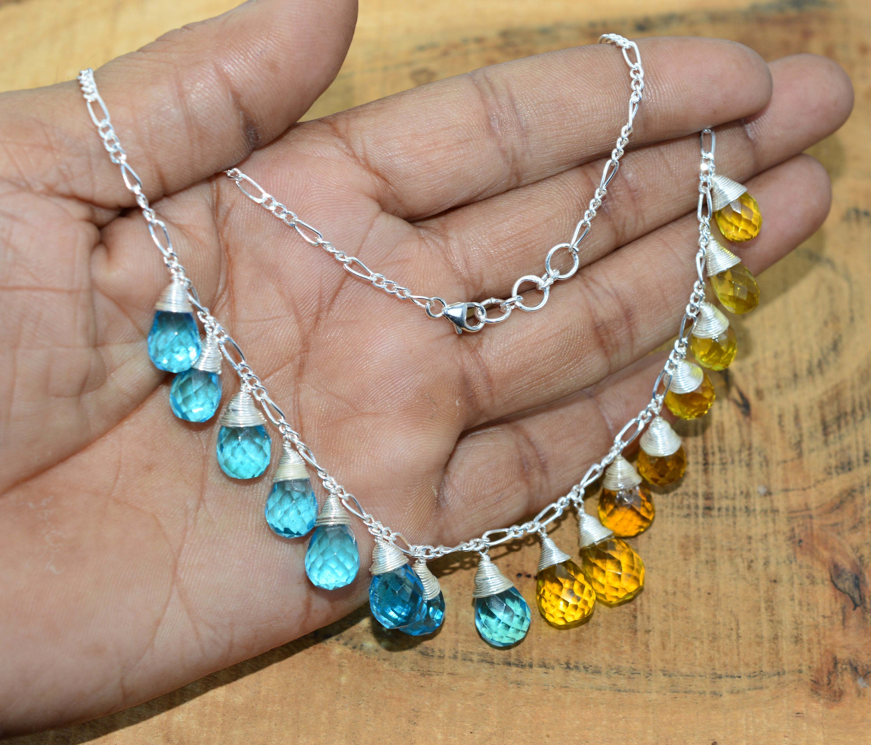 Citrine & Blue Quartz Sterling Silver Beaded Necklace, 16 Inch