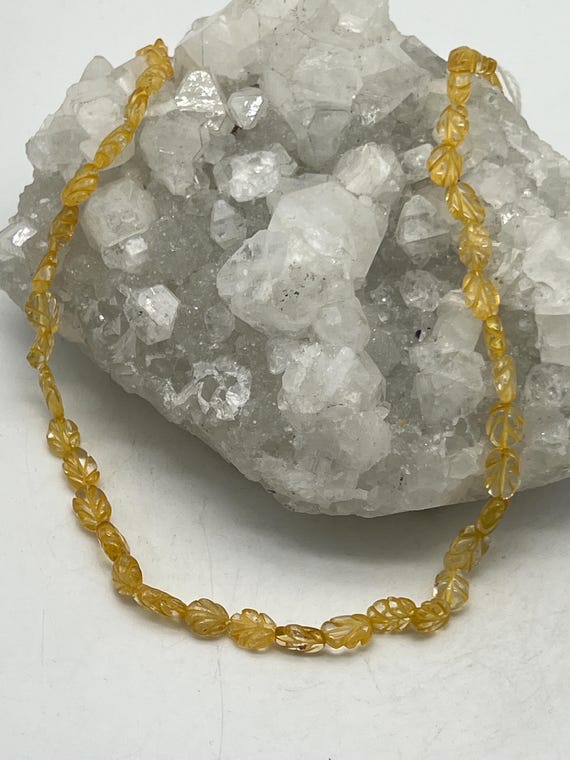 Carved Leaves Citrine Beaded Necklace-18-20"-adjustable