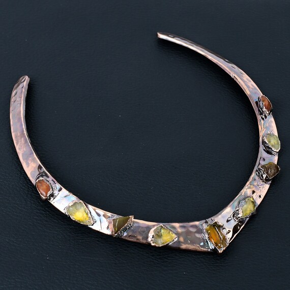 Electroformed Copper Necklace: Hessonite & Citrine Rough Gemstone, Adjustable