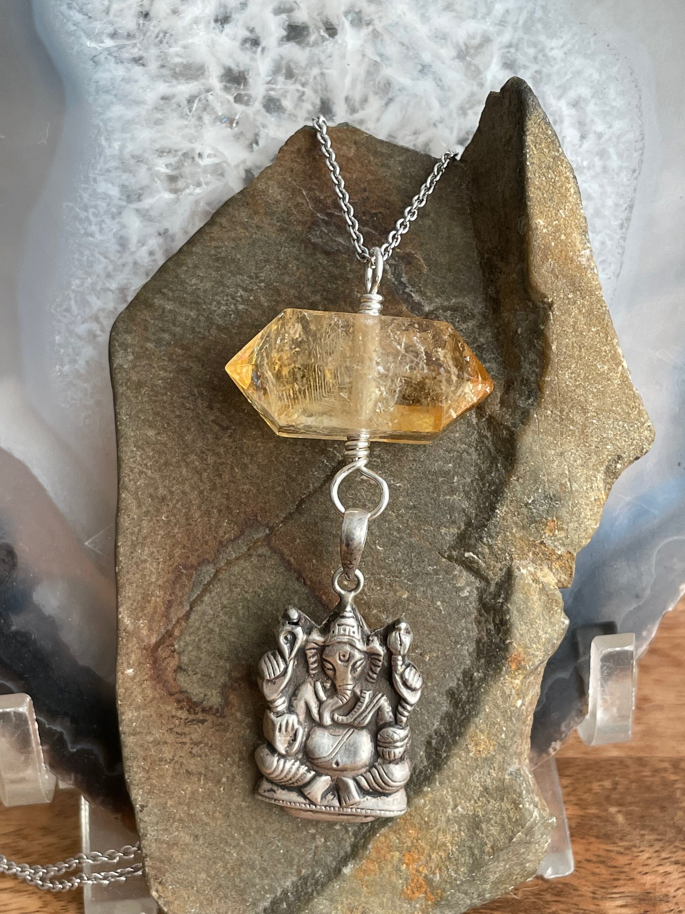 Citrine Ganesh Necklace: 925 Silver Charm, Boho Yoga Jewelry