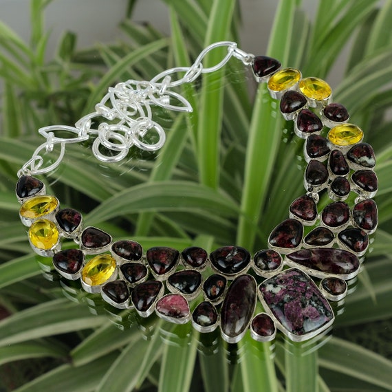 Handmade Eudialyte Citrine Necklace: 925 Sterling Silver, Adjustable
