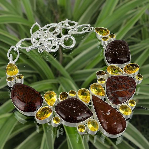 Handmade Jaspilite Citrine Necklace: 925 Sterling Silver Adjustable Chain
