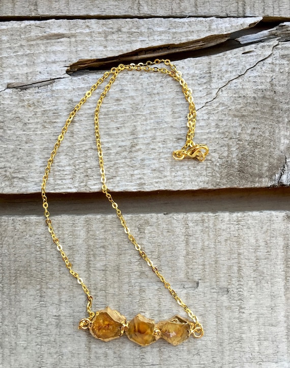 Horizontal Rough Crystal Point Golden Yellow Citrine Gold Plated Necklace | November Birthstone Necklace | Boho | Citrine Necklace