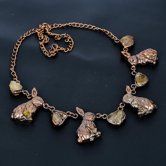 Citrine Rabbit Necklace, Electroformed Copper Jewelry, Dainty Handmade Necklace