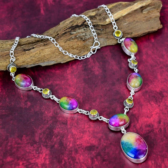 Solar Rainbow Quartz Gemstone Necklace Antique Citrine Jewelry 925 Sterling Silver Necklace Adjustable Chain Handmade Necklace Wadding Gift