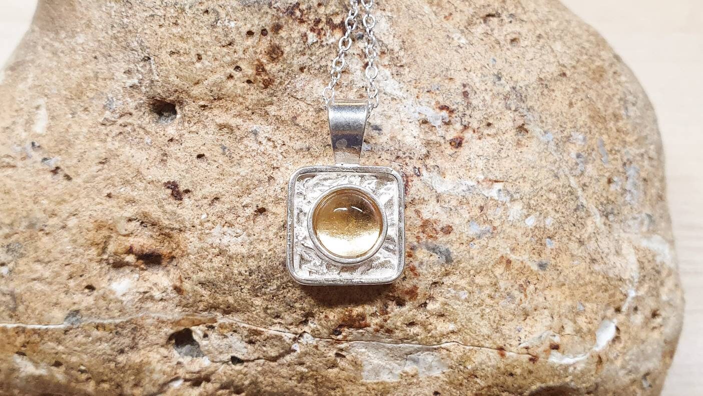 Tiny Minimalist Square Citrine Necklace. Reiki Jewelry. November Birthstone. 6mm Yellow Gemstone. 925 Sterling Silver Necklaces For Women