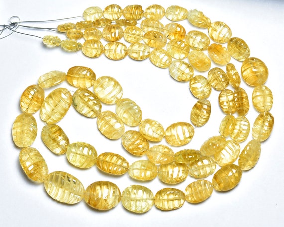 Citrine Carved Oval Beads - 8 Inches - Natural Hand Carved Citrine Oval Shape Beads Hand Crafted Gemstone,size Is 7x8-10x14mm,#391