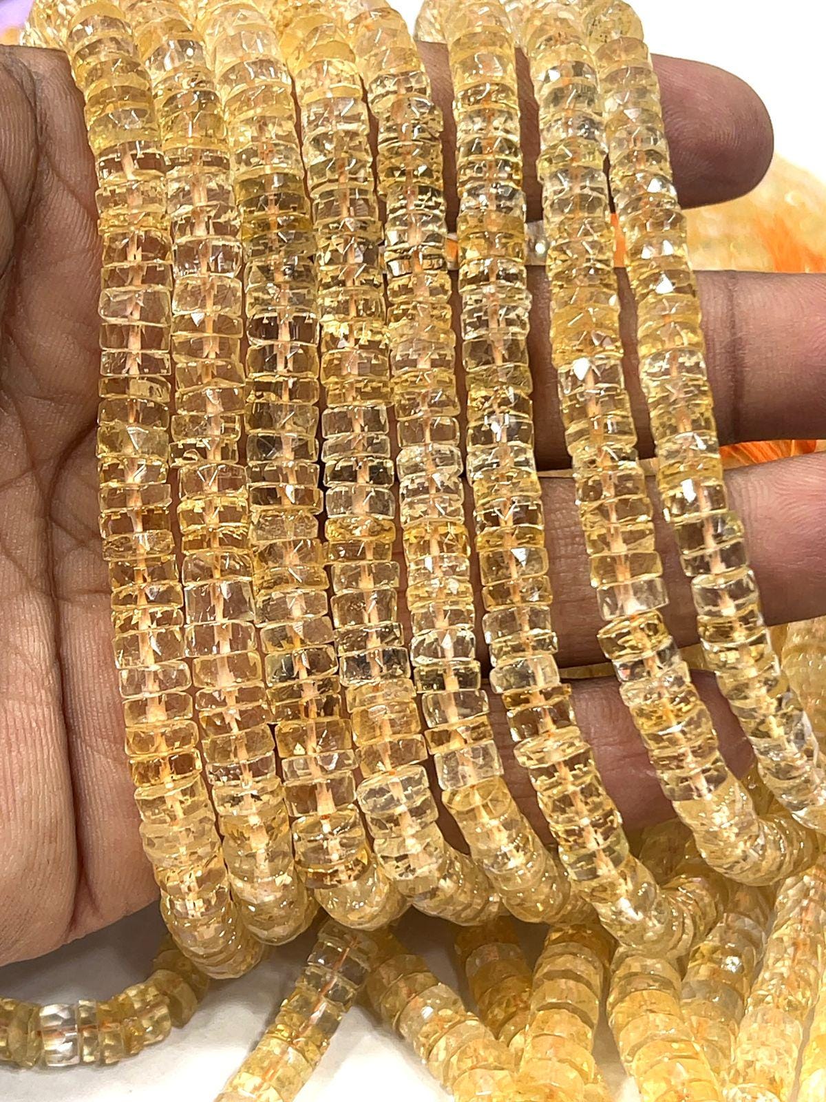 Faceted Citrine Heishi Beads , Golden Yellow Quartz, 14 Inch Strand