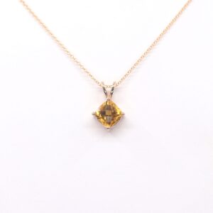 14k White Gold Citrine Solitaire Necklace: Handmade Cushion Cut Pendant