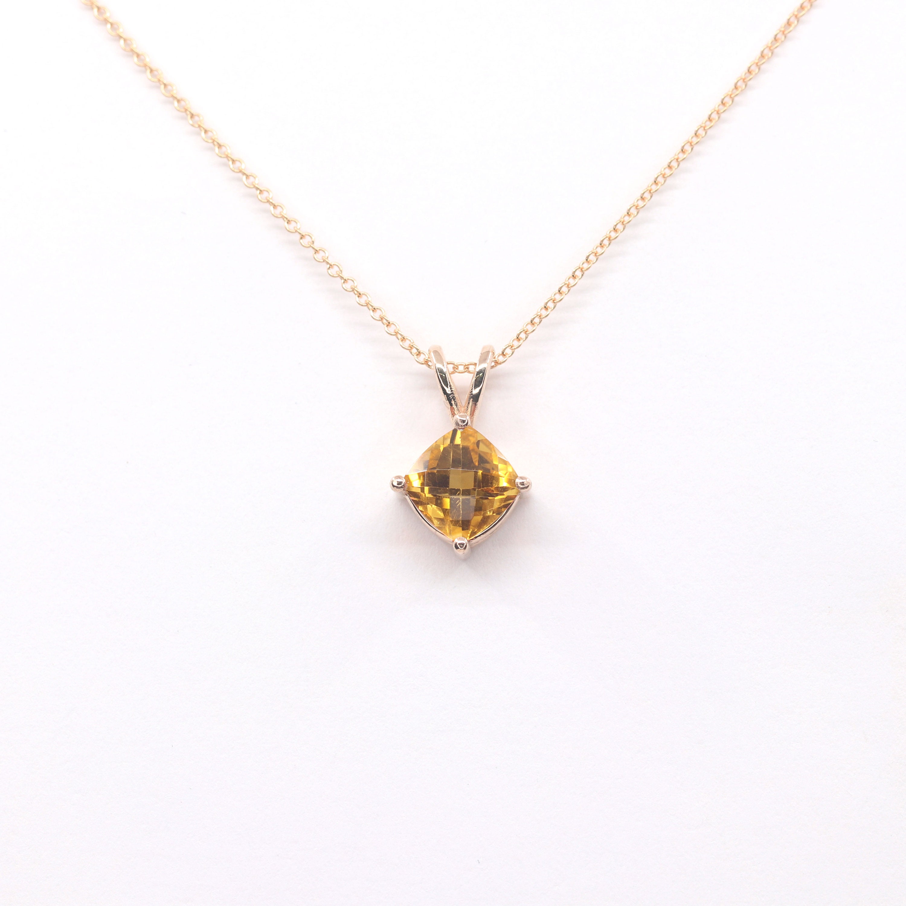 14k White Gold Citrine Solitaire Necklace: Handmade Cushion Cut Pendant