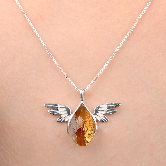 Citrine Angel Pendant Necklace: Handmade Sterling Silver Guardian Jewelry