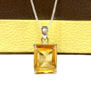 Emerald Cut Citrine Pendant: 925 Sterling Silver Necklace, November Birthstone