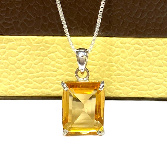 Emerald Cut Citrine Pendant: 925 Sterling Silver Necklace, November Birthstone