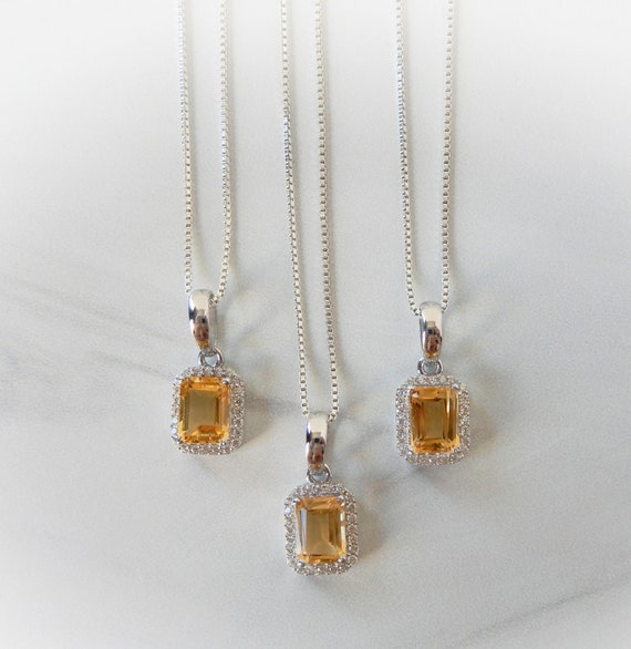 Genuine Citrine Necklace Sterling Silver • Yellow Gemstone Pendant • Emerald Cut Stone • Healing Crystal • November Birthstone Jewelry