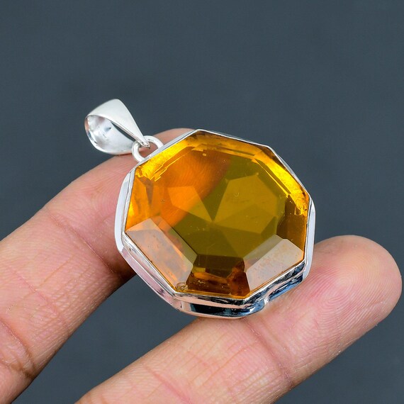 Handmade Faceted Citrine Pendant: 925 Sterling Silver Boho Jewelry