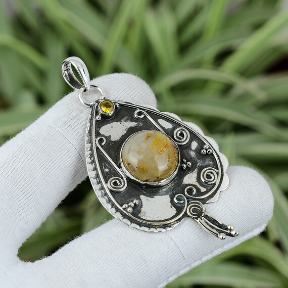 Handmade Golden Rutile & Citrine 925 Sterling Silver Pendant