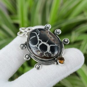 Handmade Moroccan Mud Crack Fossil & Citrine Pendant, 925 Sterling Silver