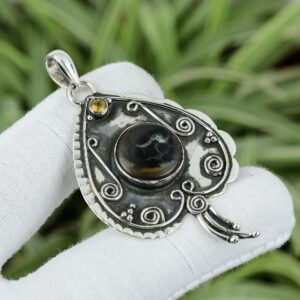 Handmade Sterling Silver Moroccan Mud Crack Fossil Pendant, Citrine Accent