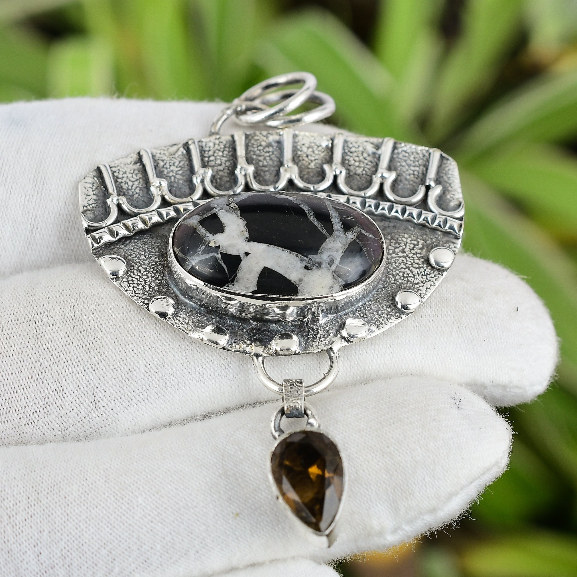 Handmade Sterling Silver Moroccan Mud Crack Fossil & Citrine Pendant