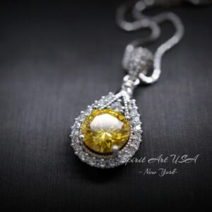 Moissanite Yellow Diamond Necklace - Lab Created Citrine Round 2.2 Ct Fashion Pendant - 18kgp & Sterling Silver - November Birthstone #178