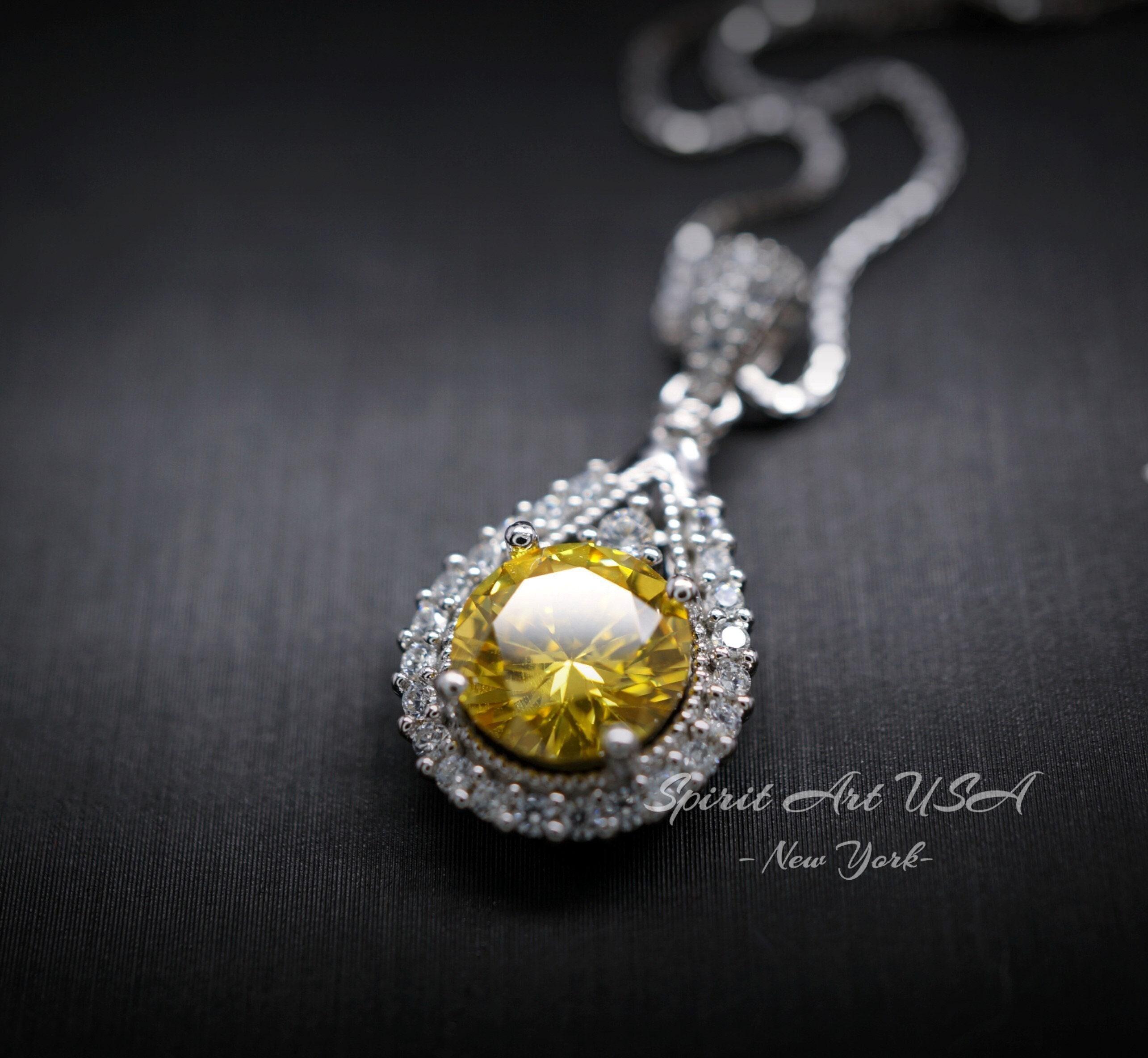 Moissanite Yellow Diamond Necklace - Lab Created Citrine Round 2.2 Ct Fashion Pendant - 18kgp & Sterling Silver - November Birthstone #178