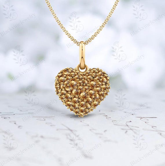 Natural Citrine Heart Pendant For Women 925 Rose Gold Citrine Heart Valentine Day Gift Charm Antique Heart Shape Gemstone Studded Necklace