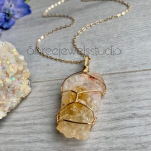 Citrine Necklace, Raw Stone Necklace, Handmade Crystal Healing Jewelry, Wire Wrapped Pendant, Boho Style Necklace, Birthstone Necklace