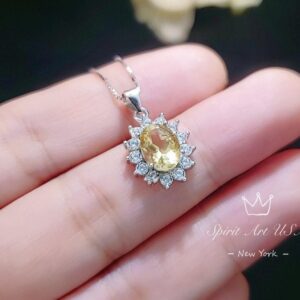 Sterling Silver Genuine Citrine Necklace, Halo Solitaire Citine Pendant, High Quality Fine Citrine Jewelry, Diamond Stone 1066