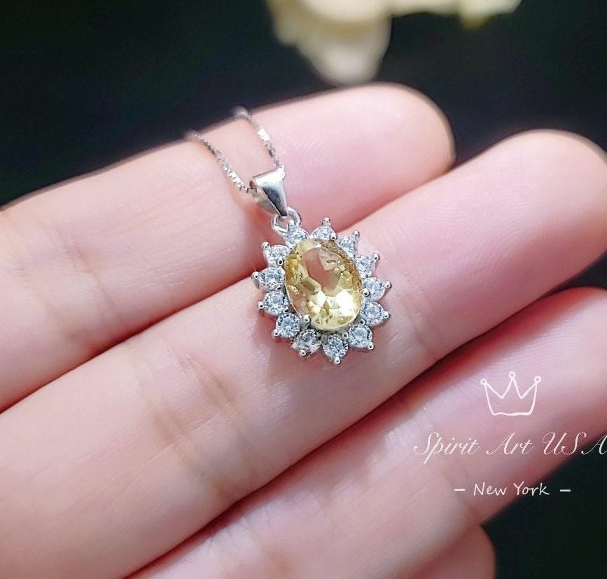 Sterling Silver Genuine Citrine Necklace, Halo Solitaire Citine Pendant, High Quality Fine Citrine Jewelry, Diamond Stone 1066