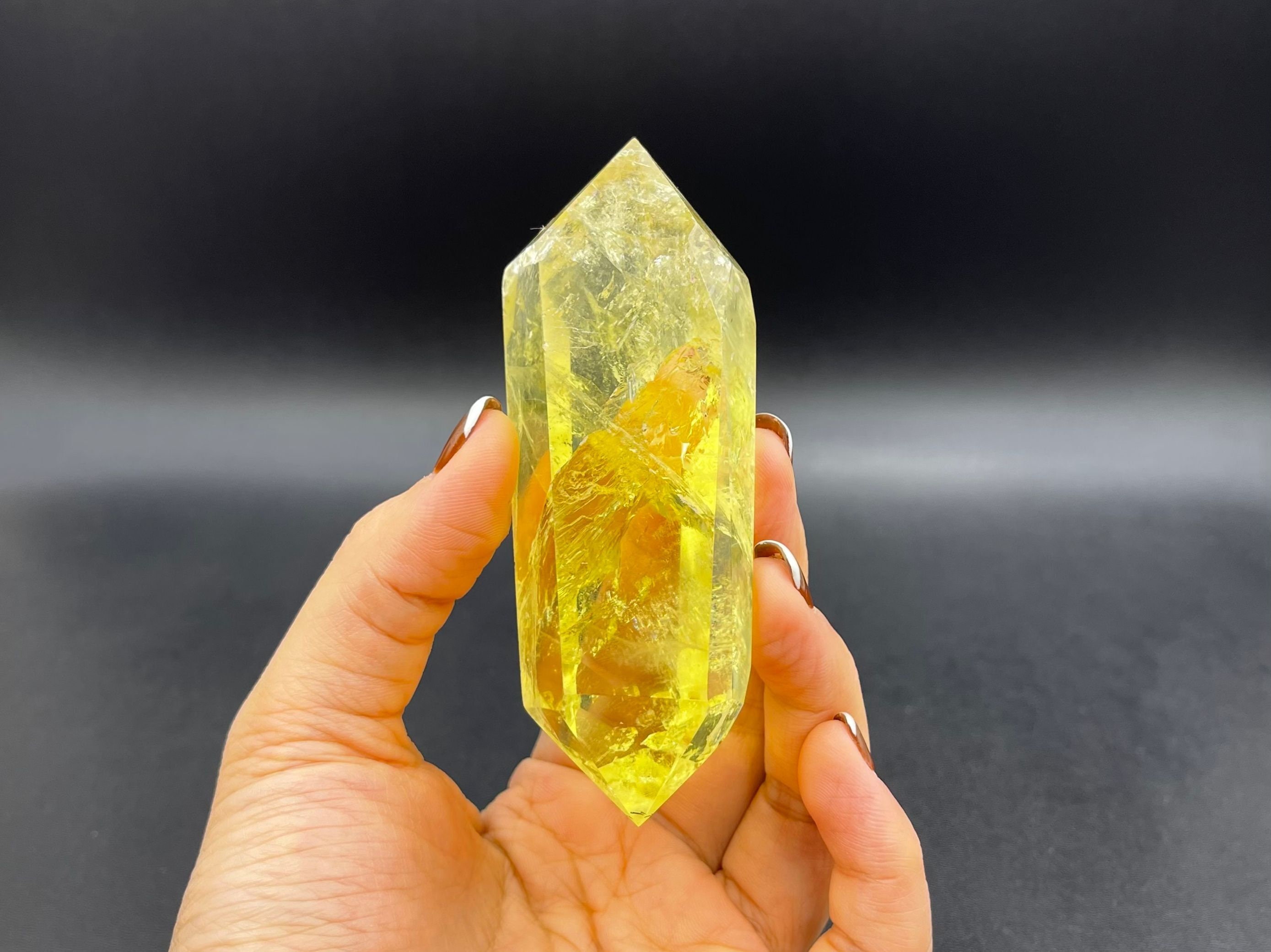 3.6" Rainbow Citrine Quartz Crystal Point Double Terminated Citrine Point Natural Yellow Citrine Wand Healing Reiki Crystal Grid Ob-h10