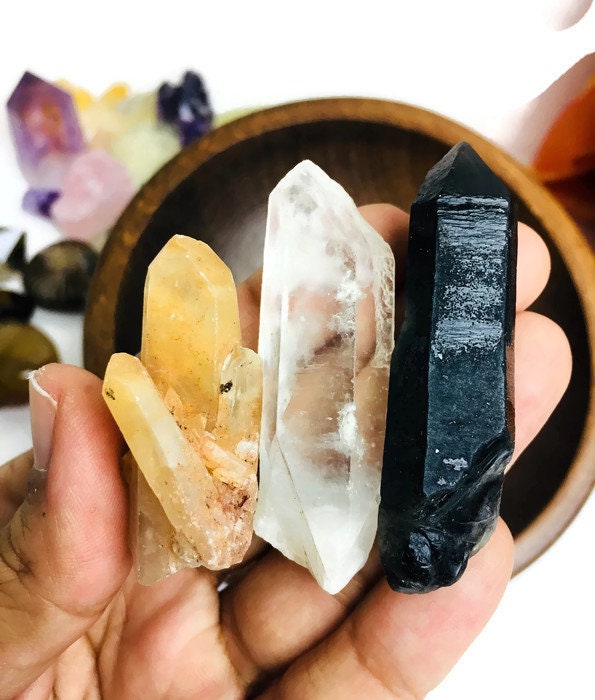 Raw Quartz Points Set: Clear, Smoky, Citrine Crystals - Mixed Lot