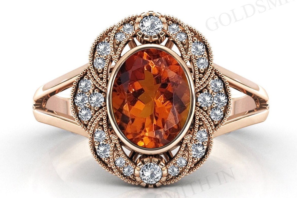 14k Gold Maderia Citrine Engagement Ring Oval Cut Maderia Citrine Halo Wedding Ring Vintage Art Deco Bridal Promise Ring Anniversary Gift