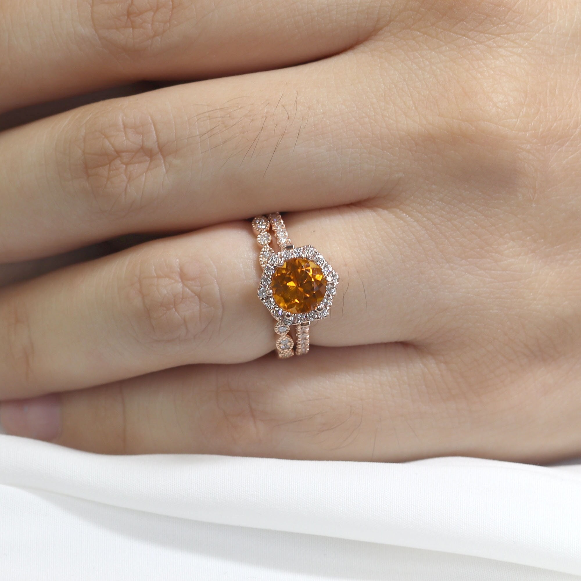 14k Rose Gold Citrine Diamond Hexagon Engagement Ring