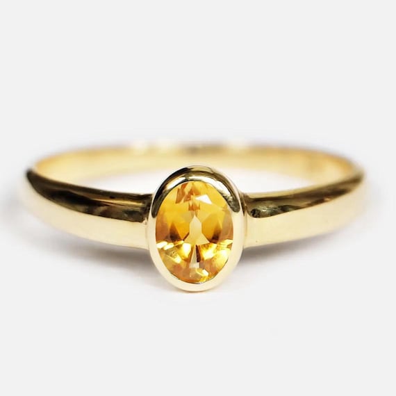 14k Yellow Gold Oval Citrine Ring, Bezel Set, November Birthstone Jewelry, Dainty Golden Gemstone