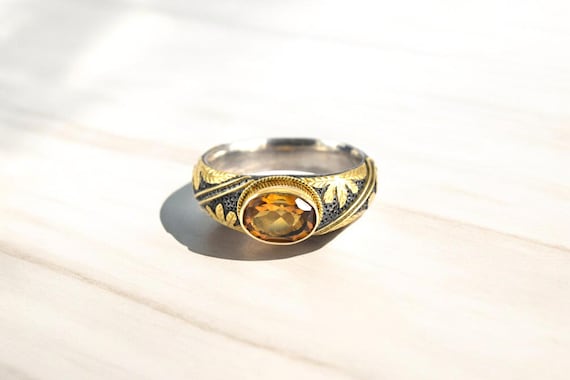 Citrine Ring, 18k Gold Sterling Silver, Two Tone Gemstone Ring
