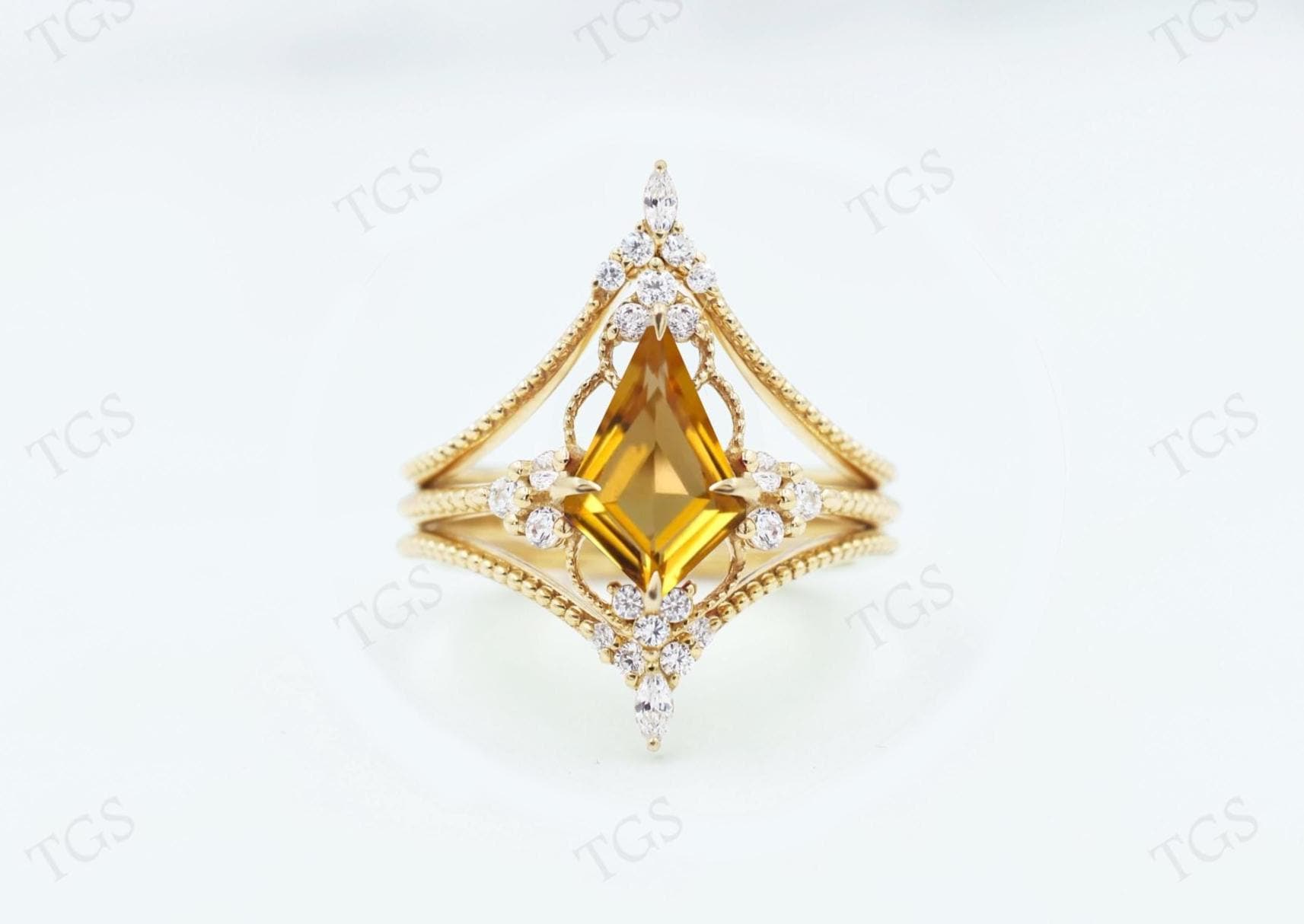 Art Deco Citrine Engagement Ring Set For Women 925 Sterling Silver Wedding Ring Set Kite Cut Citrine 3 Piece Rings Unique Statement Ring Set