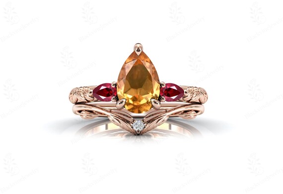 Art Deco Citrine Engagement Ring Set For Her 925 Sterling Silver Wedding Ring Set Pear Cut Citrine Gemstone 2 Pcs Ring Set Unique Leaf Rings