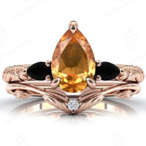 Art Deco Pear Cut Citrine Engagement Ring Set Unique Citrine Bridal Promise Ring Set For Women Antique Citrine Leaf Style Wedding Ring Set