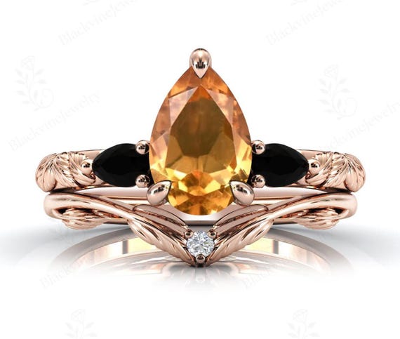 Art Deco Pear Cut Citrine Engagement Ring Set Unique Citrine Bridal Promise Ring Set For Women Antique Citrine Leaf Style Wedding Ring Set Art Deco Pear Cut Citrine Engagement Ring Set Unique Citrine Bridal Promise Ring Set For Women Antique Citrine Leaf Style Wedding Ring Set