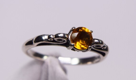 Citrine Ring, Genuine Gemstone 5mm Round, Set In 925 Sterling Silver Scrolled Solitaire Ring