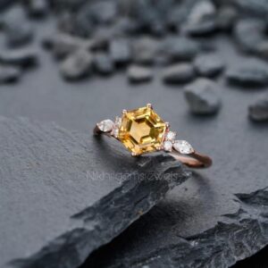 Hexagon Citrine Engagement Ring: Sterling Silver Art Deco Style