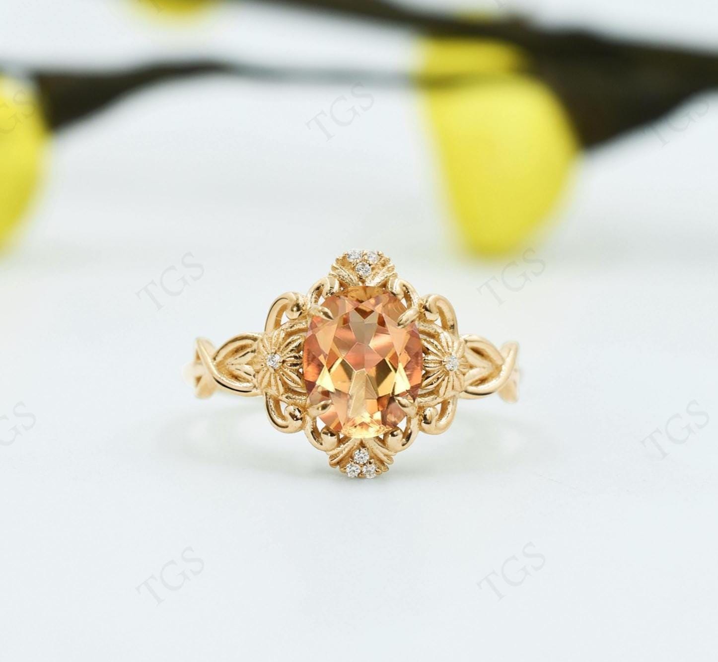 Natural Citrine Engagement Ring For Women Art Deco Yellow Gemstone Ring 14k Gold Citrine Floral Design Wedding Ring Vintage Bridal Ring Gift