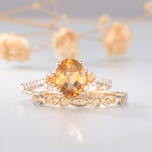 Natural Citrine Engagement Ring Set: Art Deco Sterling Silver Wedding Band Natural Citrine Engagement Ring Set: Art Deco Sterling Silver Wedding Band