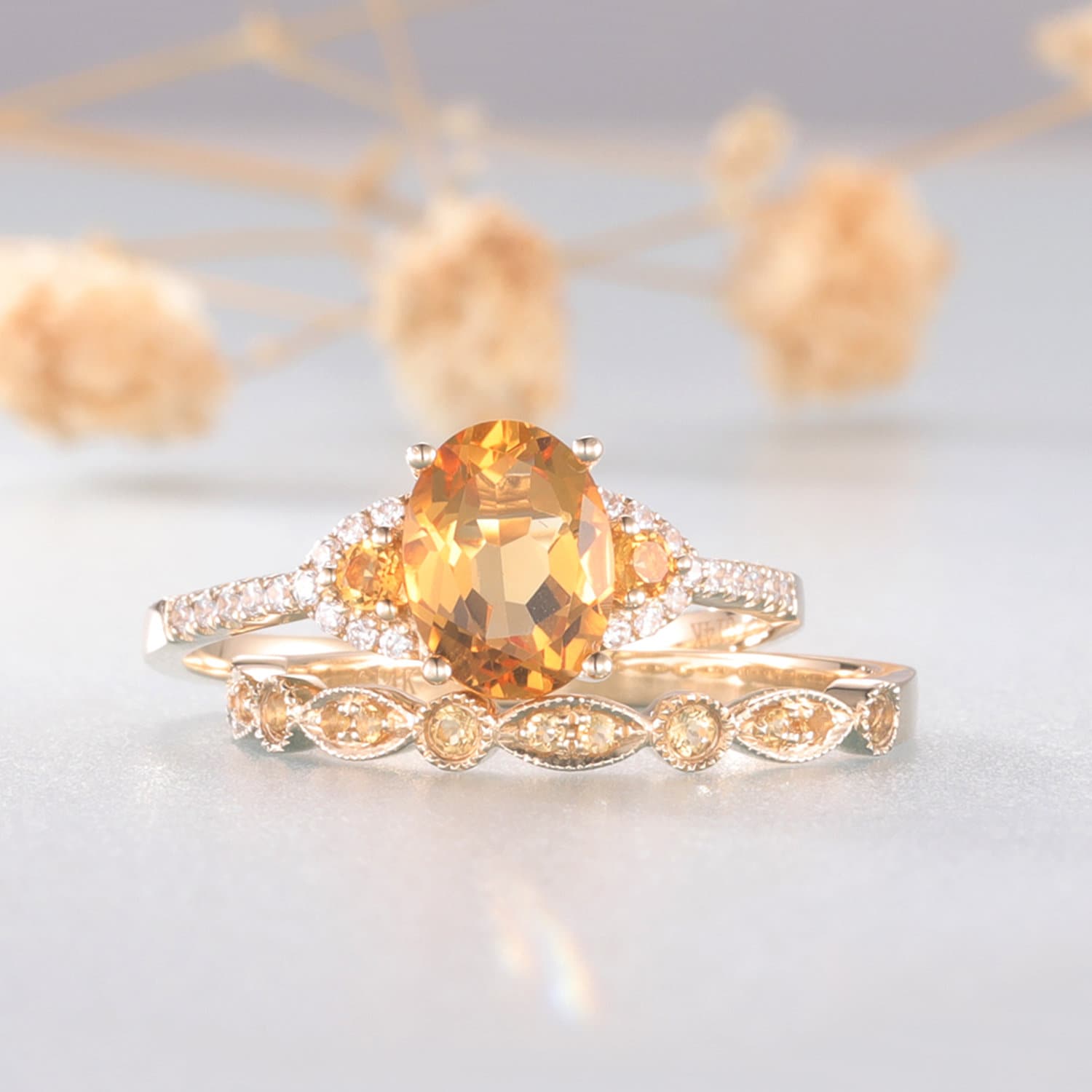 Natural Citrine Engagement Ring Set: Art Deco Sterling Silver Wedding Band Natural Citrine Engagement Ring Set: Art Deco Sterling Silver Wedding Band