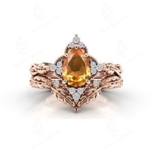 Natural Citrine Engagement Ring Set For Women Art Deco Citrine Gemstone Ring Set 14k Gold Citrine Wedding Ring Set Unique 2 Piece Ring Set