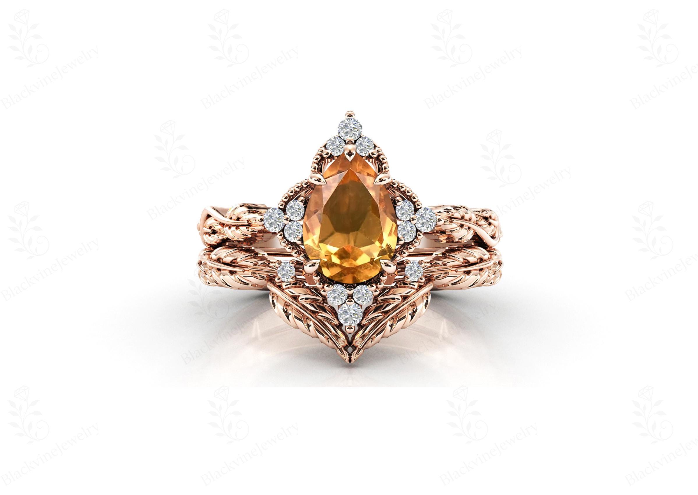 Natural Citrine Engagement Ring Set For Women 14k Gold Citrine Wedding Ring Set Art Deco Yellow Gemstone Leaf Ring Set Anniversary Gift