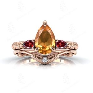 Pear Cut Citrine Engagement Ring Set Nature Inspired Citrine Wedding Ring Set Art Deco Citrine 2 Piece Bridal Anniversary Ring Set For Women