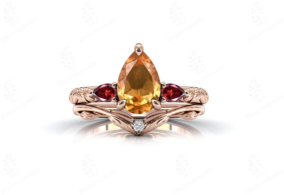 Pear Cut Citrine Engagement Ring Set Nature Inspired Citrine Wedding Ring Set Art Deco Citrine 2 Piece Bridal Anniversary Ring Set For Women